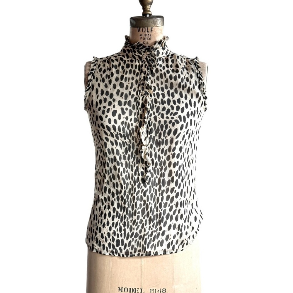 J Crew Sleeveless Silk Animal Print Top With Ruffle Neck, Sz 00